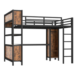 Metal Loft Bed with Wardrobe and L-Shaped Desk