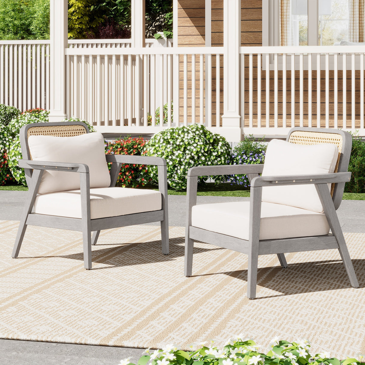Set of 2 Outdoor Acacia Wood Patio Club Chairs with Cushions