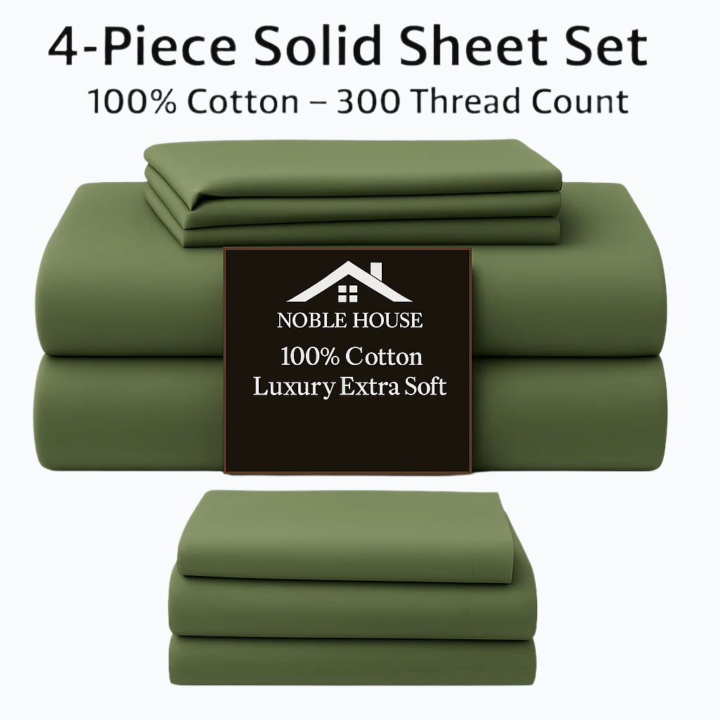 4-Piece 100% Cotton Solid Sheet Set – 300 Thread Count, Luxury Extra Soft