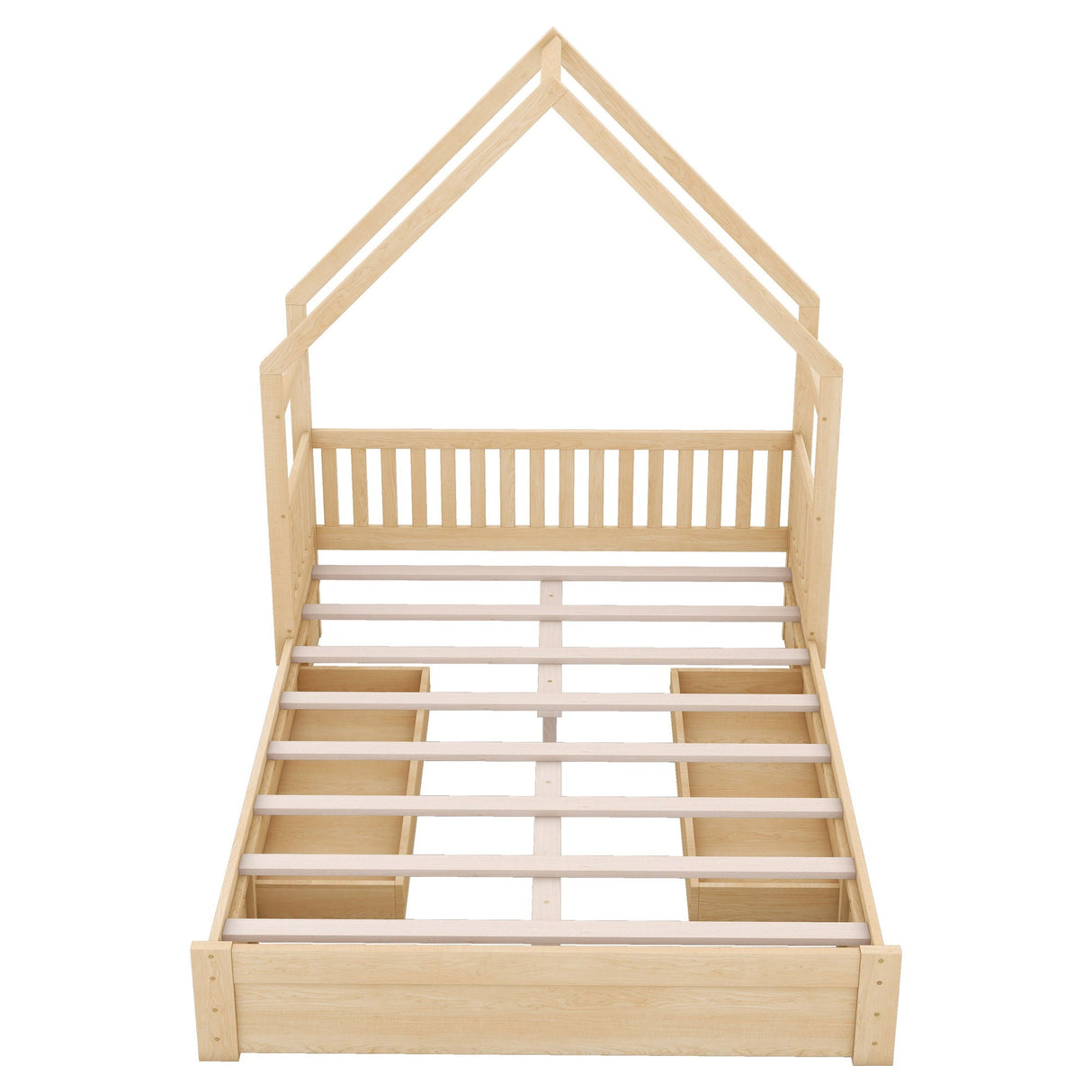 House Style Platform Bed With Guardrail And 2 Drawers