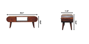 Solid Wood Chestnut Circular TV Unit, Nordic Legs, 2-Drawers, Open Slot