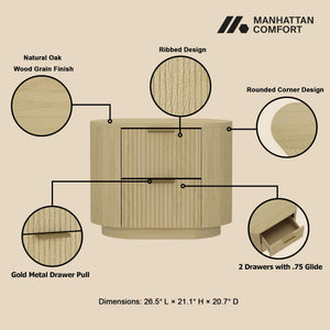 Oak Nightstand with Two Drawers and Ribbed Texture - Oak