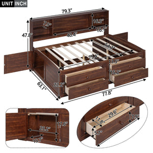 Full Size Captain Bed With Built In Storage Shelves, 4 Drawers And 2 Cabinets - Antique Brown