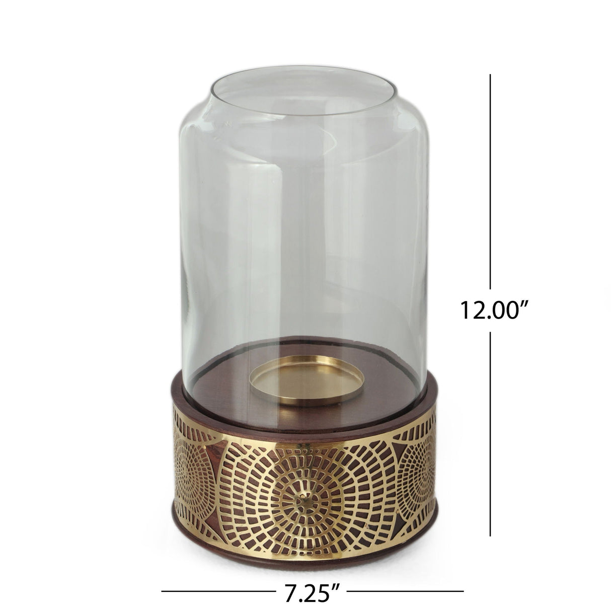 Boho Handcrafted Mango Wood Hurricane Candle Holder with Tempered Glass and Metal Accents