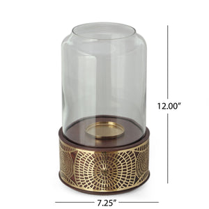 Boho Handcrafted Mango Wood Hurricane Candle Holder with Tempered Glass and Metal Accents