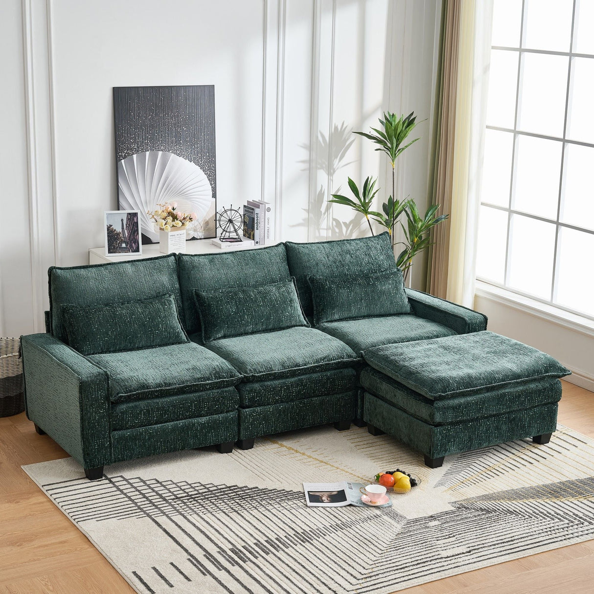 Modern Comfy L Shaped Sectional Sofa With Movable Ottoman