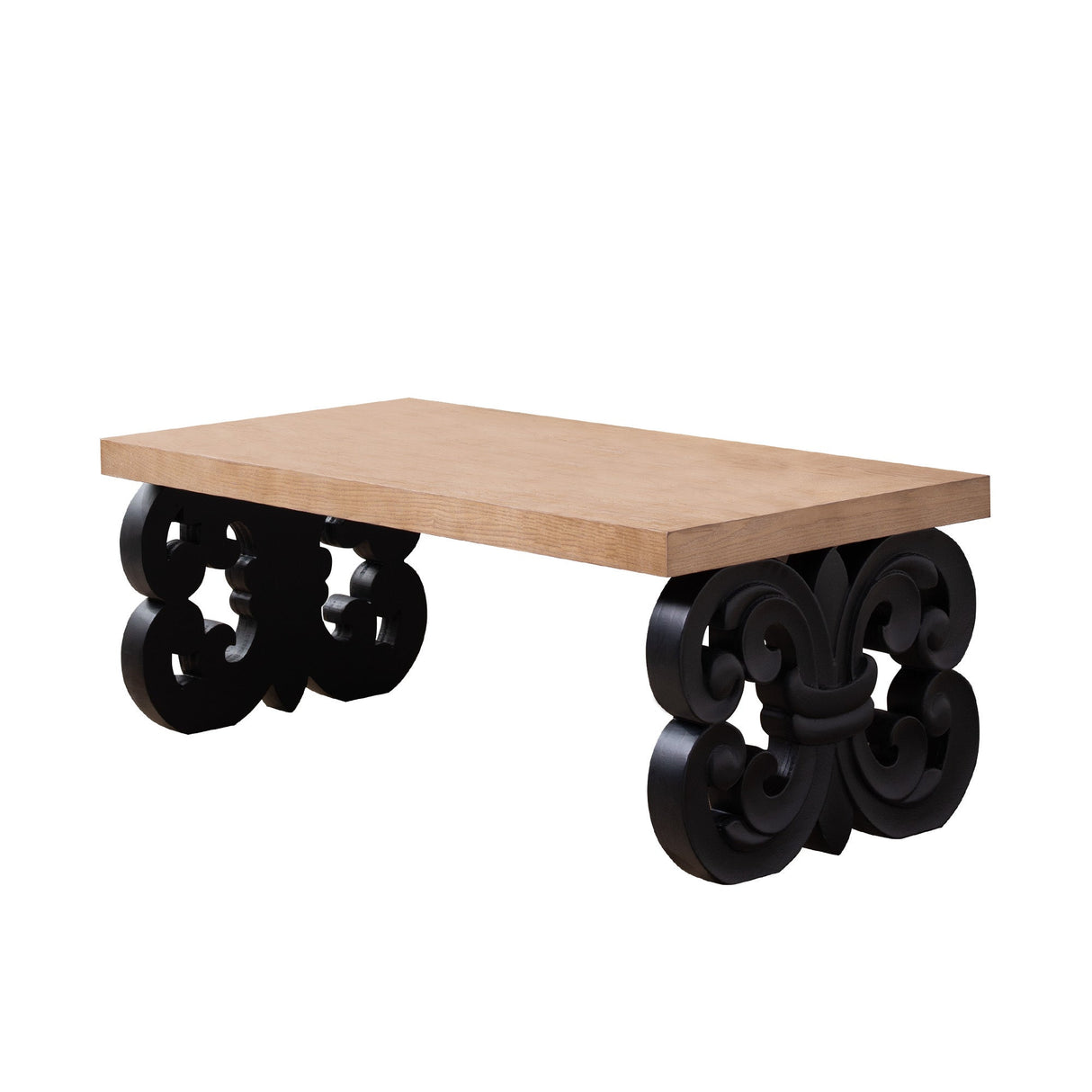 Black Scroll Base Coffee Table – 47' Rectangular Wood Living Room Table with Natural Top – Modern Farmhouse Accent Table – Elegant Centerpiece with Ornate Carved Design