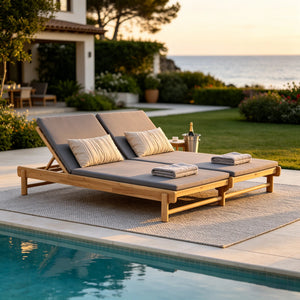 Light Teak Acacia Wood Double Chaise Lounger Set