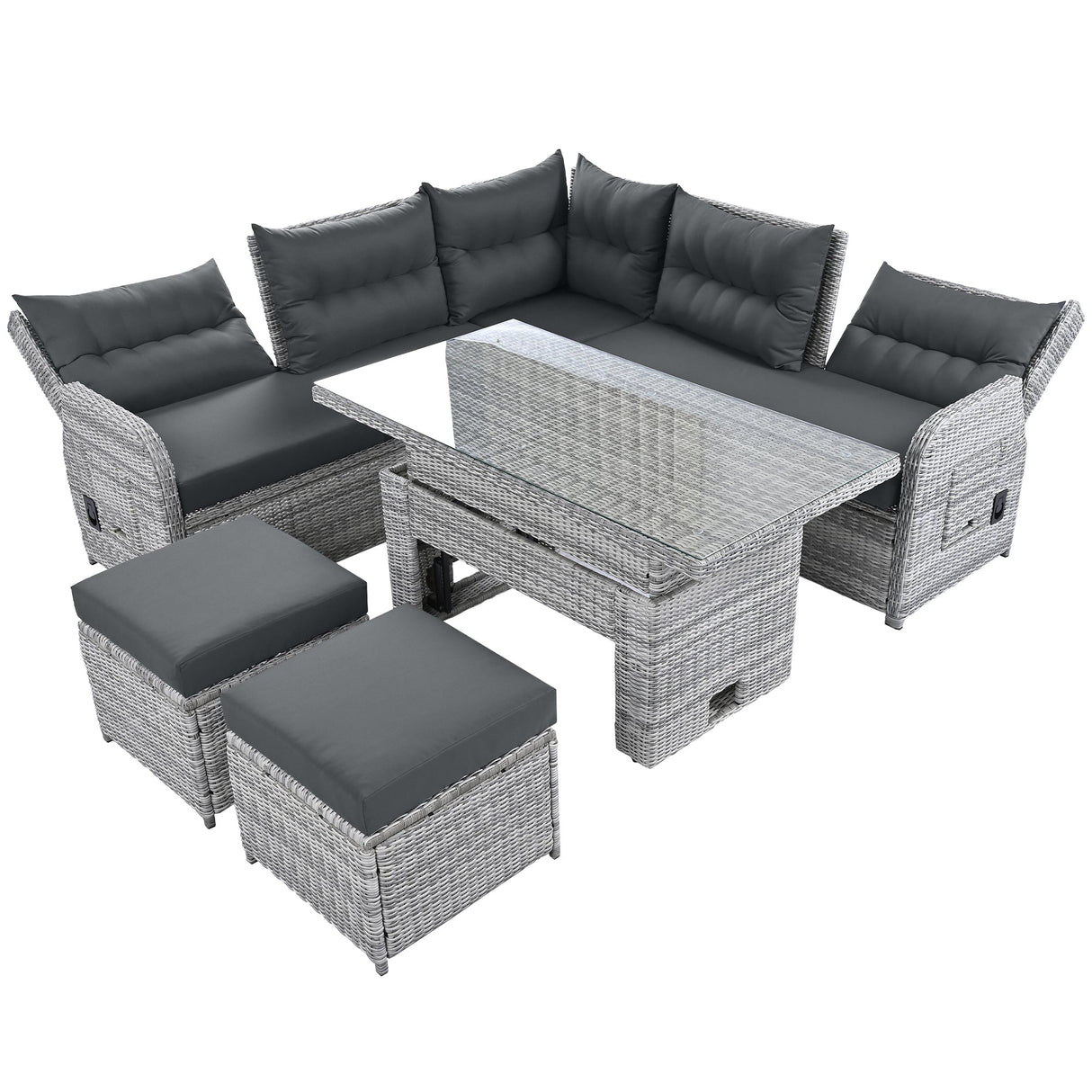 Outdoor Furniture Set Patio Rattan Furniture with Adjustable Table, Recliners, Side Tables, Ottomans