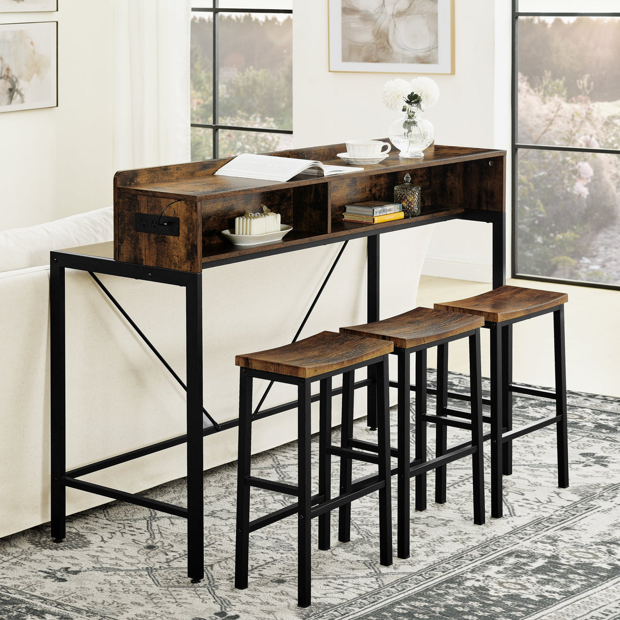 59 Inch Bar Table with Stools and LED Light