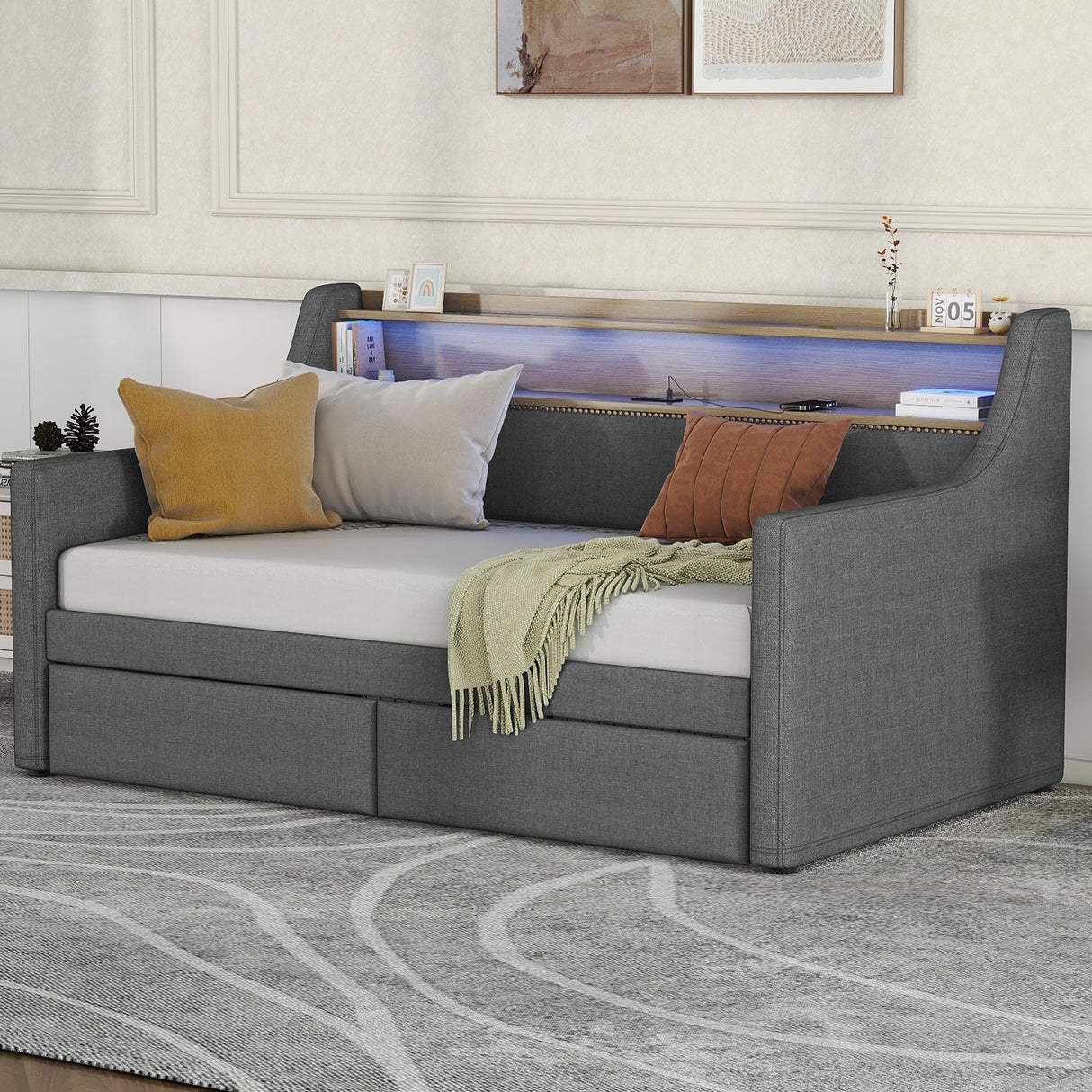 Twin Size Linen Upholstered Daybed with Storage Drawers and LED Lights