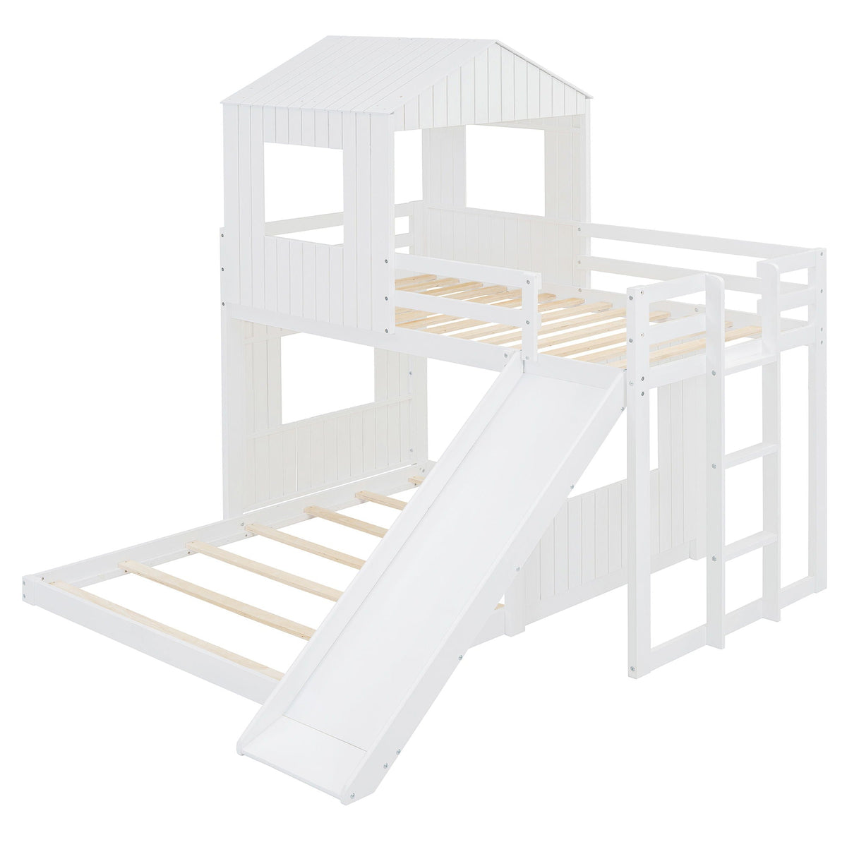 Loft Bunk Bed With Playhouse, Farmhouse, Ladder, Slide And Guardrails