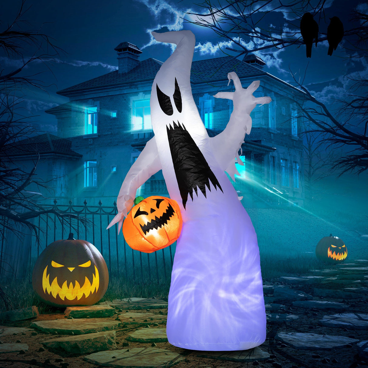 HOMCOM 5.9' Halloween Inflatable Outdoor Decoration Ghost with Pumpkin