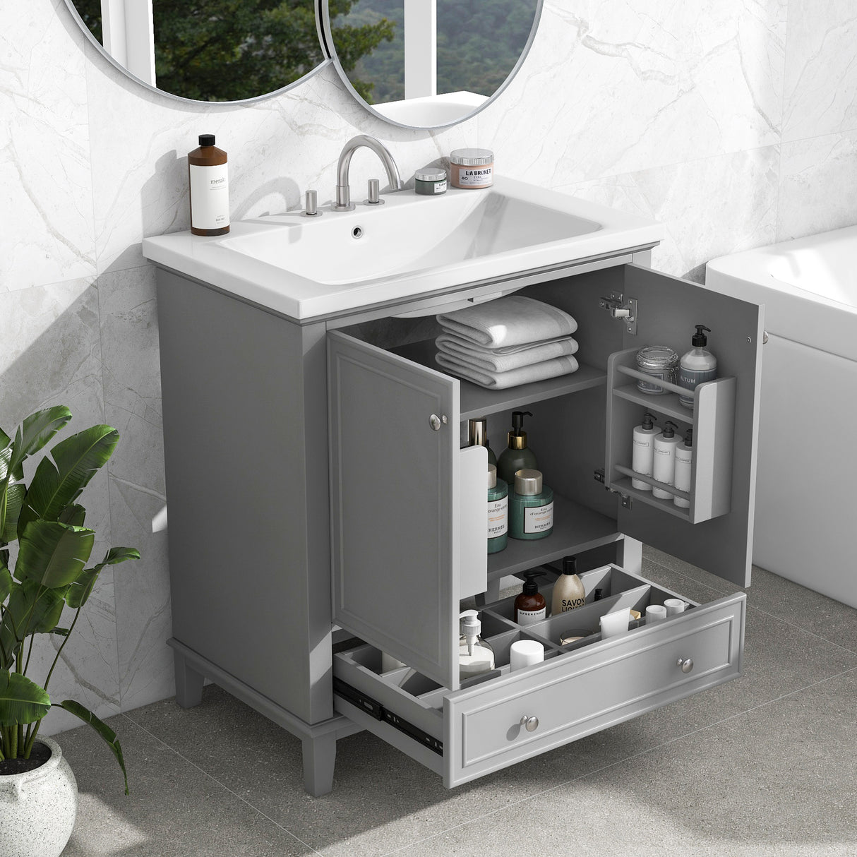 30" Grey Bathroom Vanity with Sink – Modern Freestanding Design with Versatile Storage