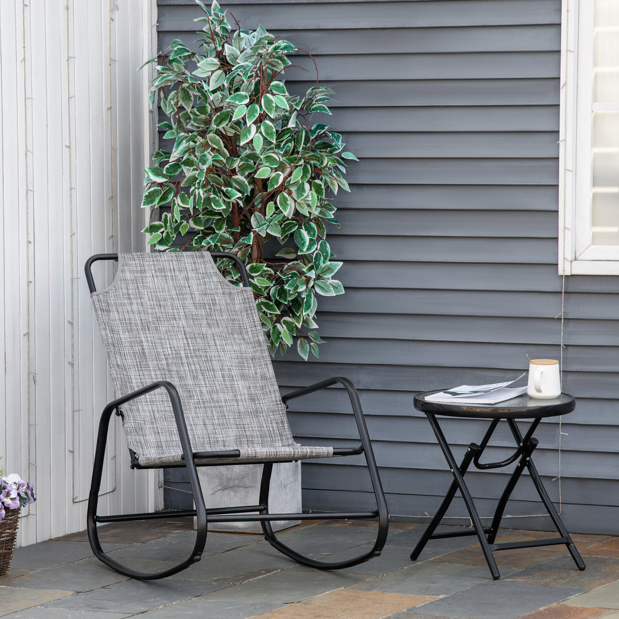 Outsunny-garden-rocking-chair,-outdoor-indoor-sling-fabric-rocker-for-patio,-balcony,-porch,-grey-Outdoor-Chairs
