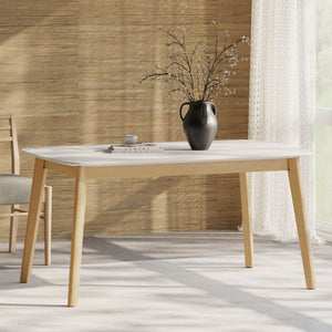 Dining Table With Splayed Rubberwood Legs & Faux Wood Tabletop, Mid Century Modern - White Oak