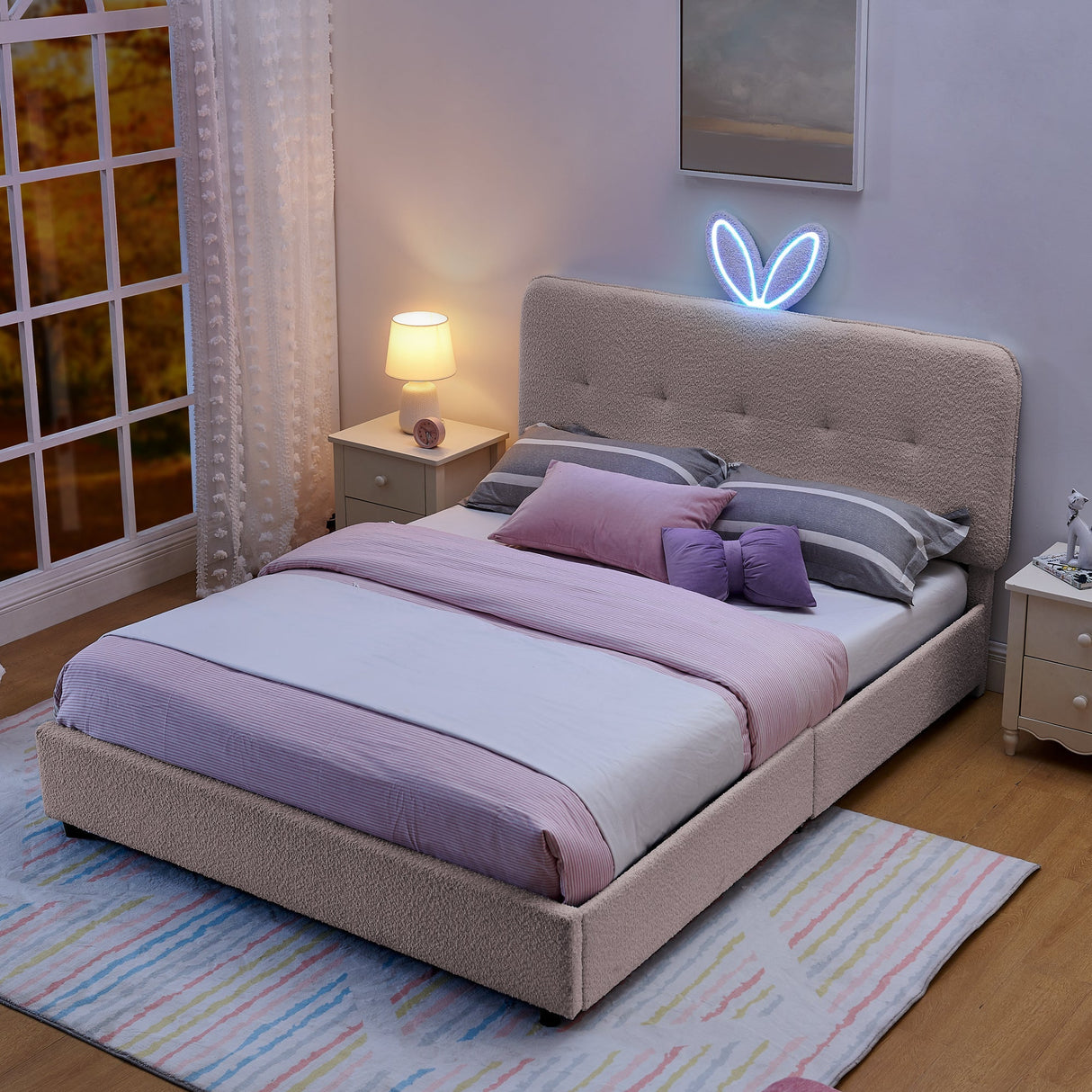 Queen Size Kids Upholstered Bed with Oversized Rabbit Ear Headboard, LED Light & 4 Storage Drawers, Boucle Fabric (84.5''X62.75''X41'')