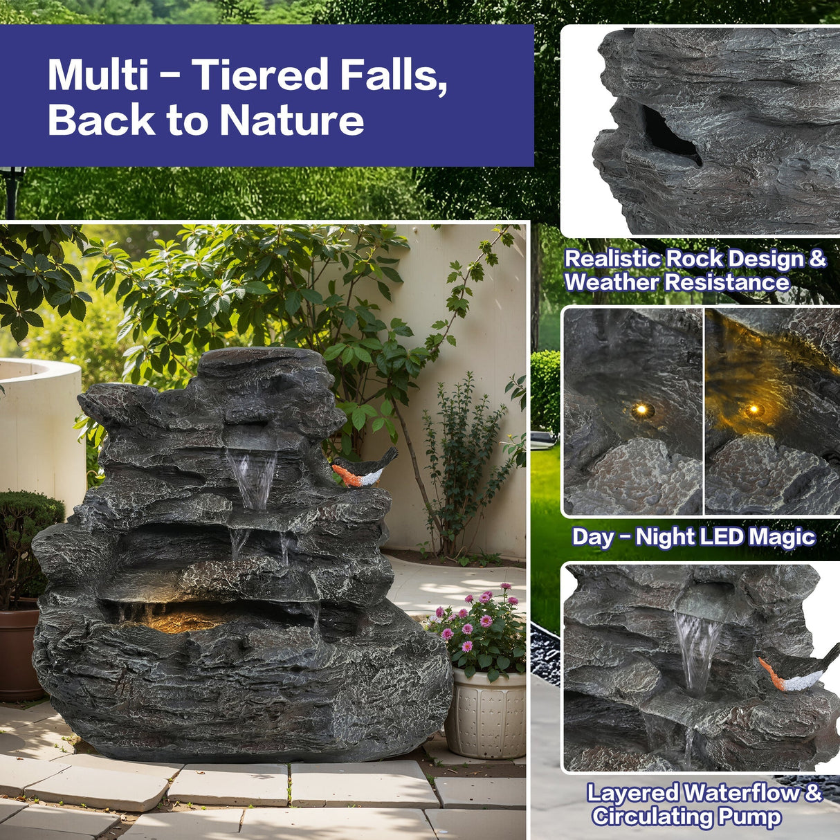4-Tiered Gray Concrete Rock Waterfall Fountain with LED Lights
