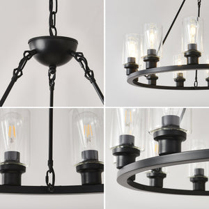 Black Wagon Wheel Chandelier 31.5 Inch Modern Farmhouse Glass Pendant Light 12-Light Ceiling Hanging Lighting Fixtures for Living Room Dining Room Kitchen Island Foyer--NO INCLUDED BULBS
