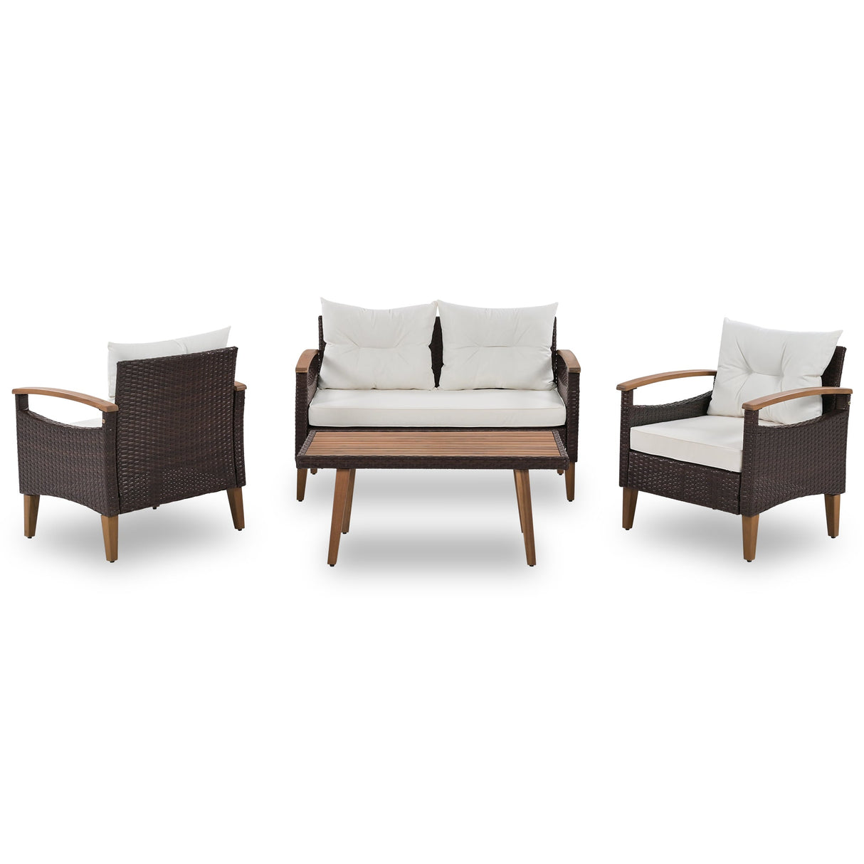 4 Piece PE Rattan Outdoor Sofa Set with Wood Table and Legs