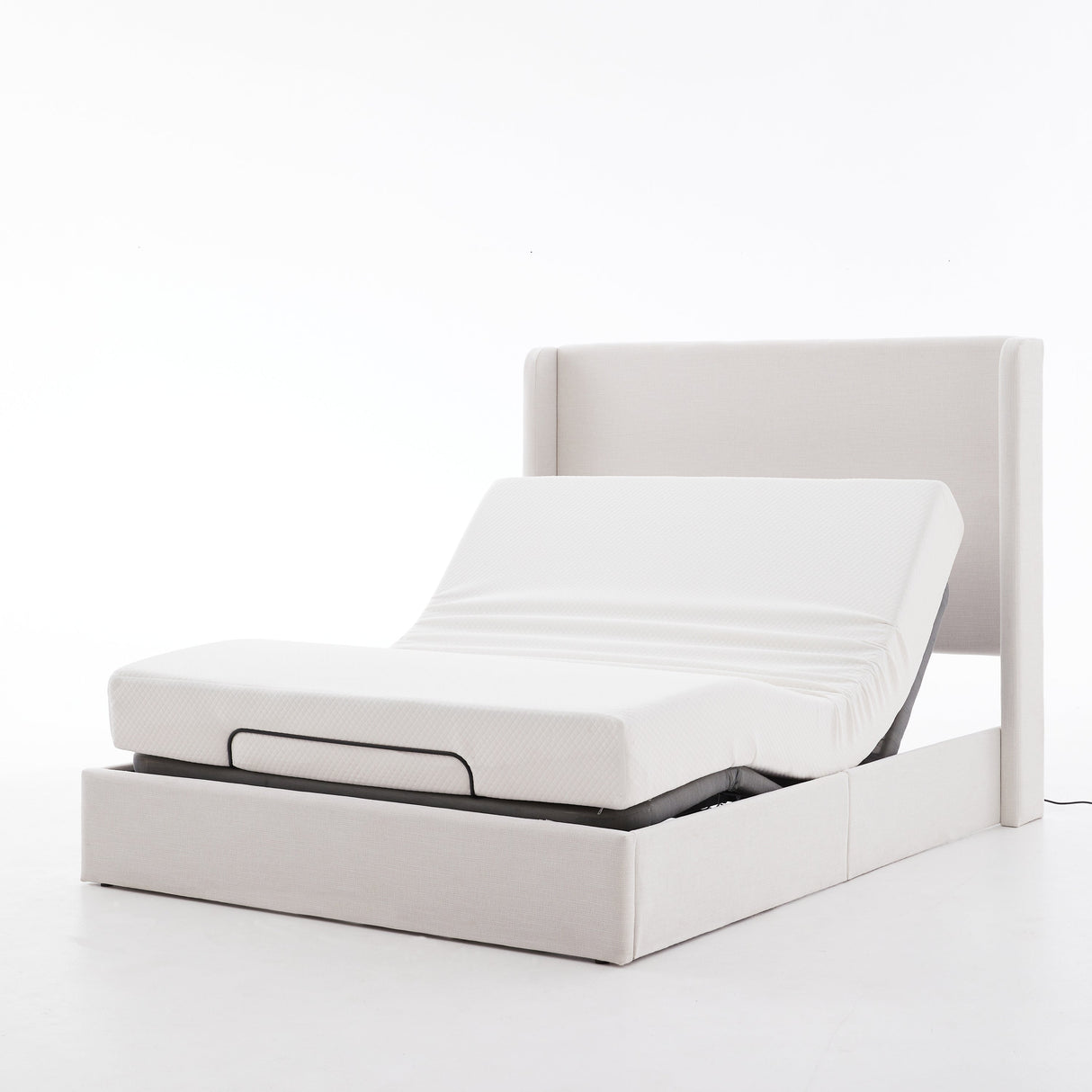 Caron Upholstered Wingback Bed with Adjustable Base Bundle Set, Queen Size