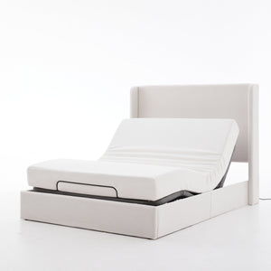 Caron Upholstered Wingback Bed with Adjustable Base Bundle Set, Queen Size