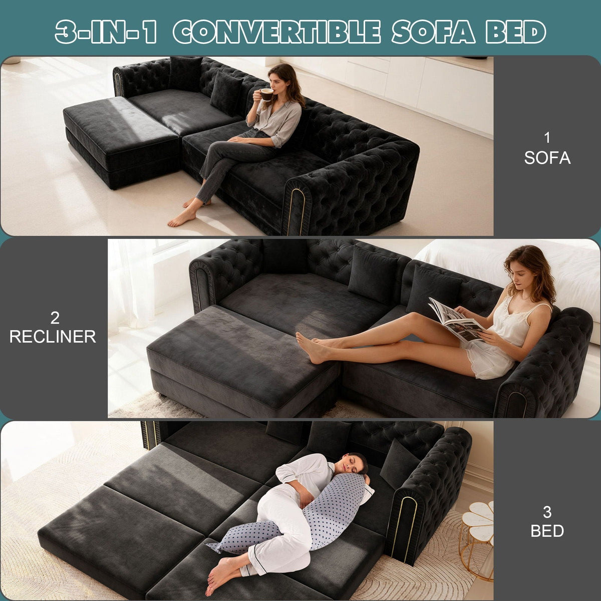 3-In-1 Convertible Sleeper Sofa With Movable Ottoman For Living Room