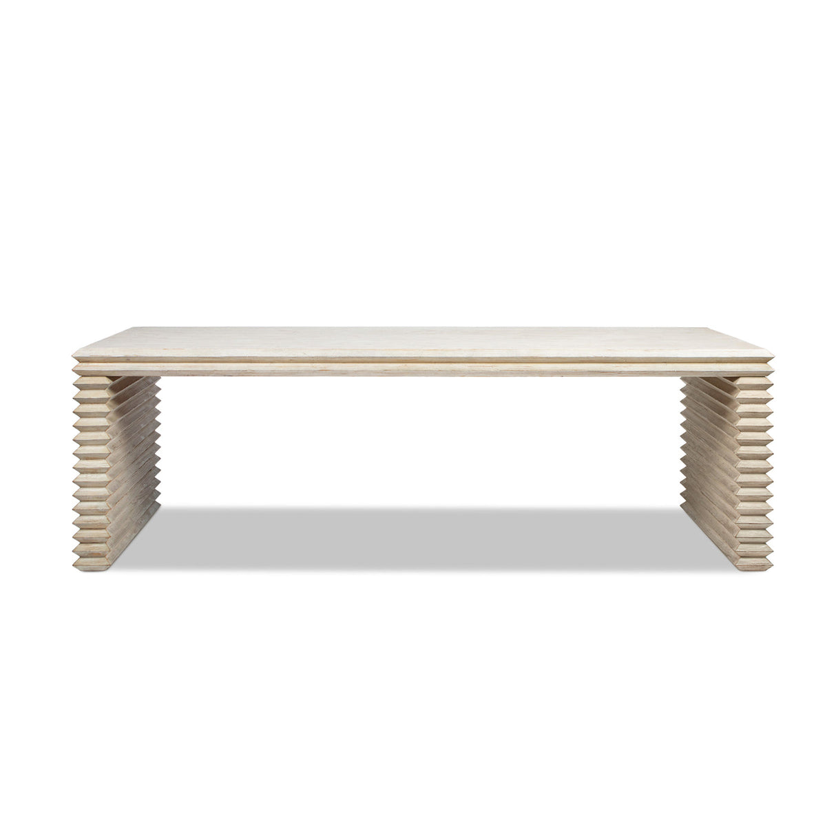 Veda 94' Reclaimed Wood Stacked Geometric Waterfall Dining Table, Seats up to 8, Whitewashed Natural Reclaimed Pine Wood
