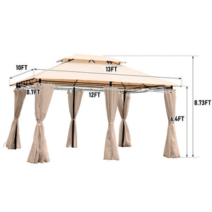 Khaki Outdoor Patio Gazebo Canopy Tent with Ventilated Double Roof and Mosquito Net, 13x10 Ft