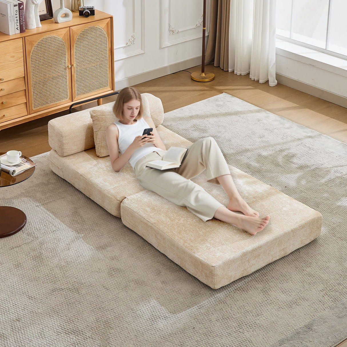 Convertible Floor Sofa Bed With Fixed Shape Frame For Living Room