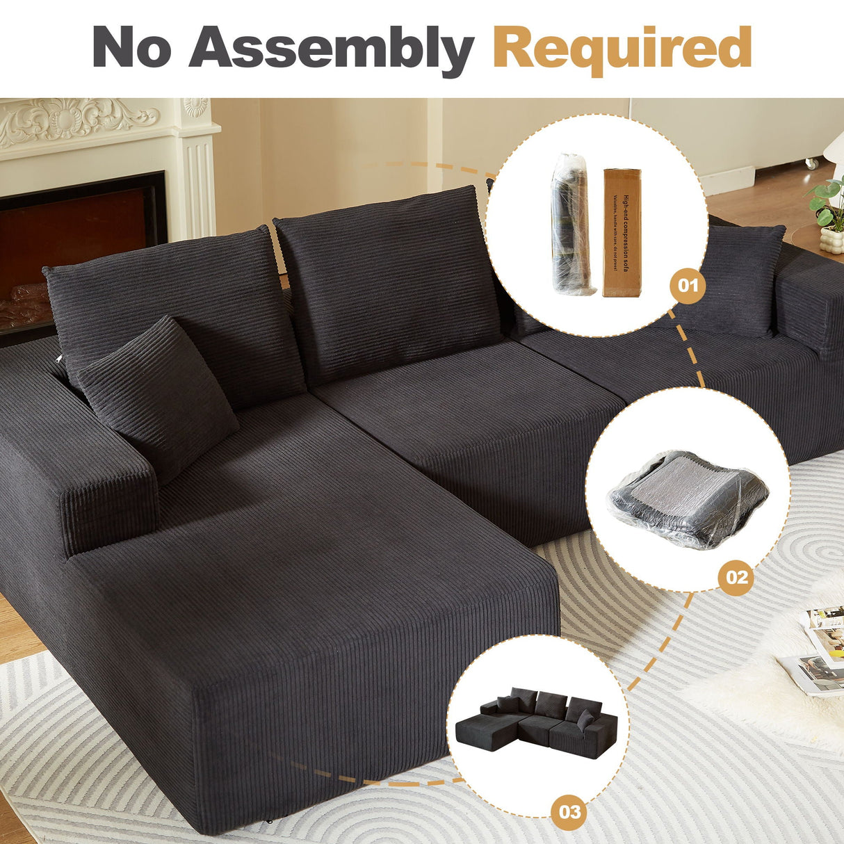 Modular Sectional Sofa With Chaise, L Shaped Cloud Couch With Deep Seat, Sectional Couches For Living Room - Black