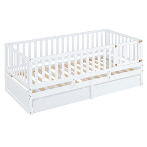 Daybed With Fence Guardrails And 2 Drawers, Split Into Independent Floor Bed & Daybed