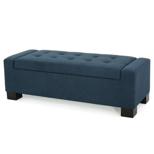 Empower Button Tufted Waffle Upholstered Storage Ottoman with Wood Legs - Navy Blue