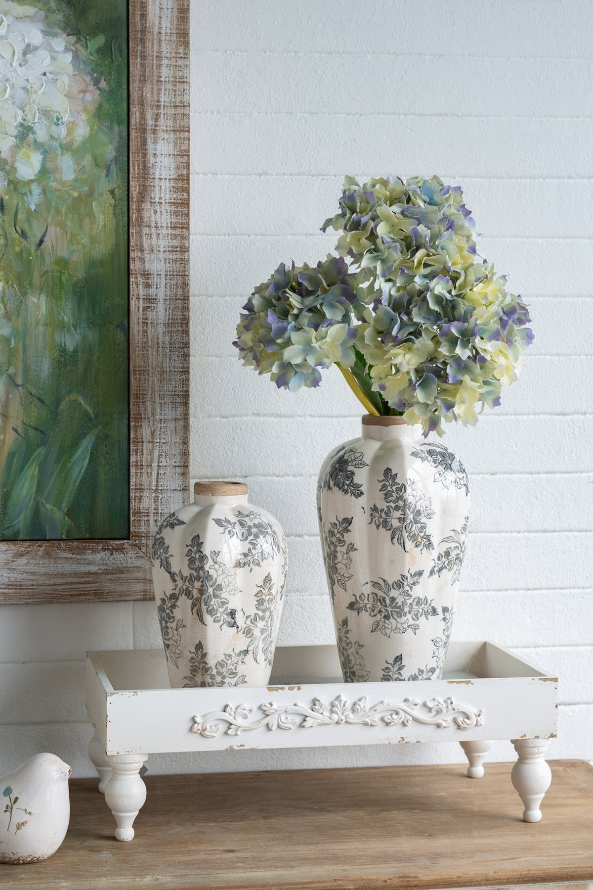 White Ceramic Accent Vase with Gray Floral Design - 11.6" Height
