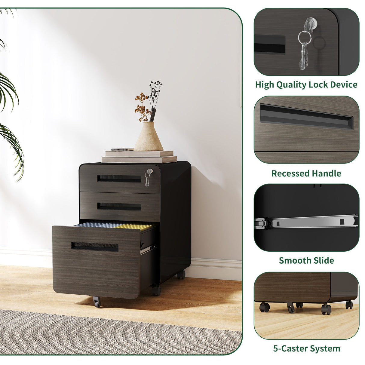 3-Drawer Mobile File Cabinet With Lock, On Casters, Holds A4/Letter Files