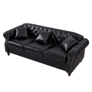 85.8' Living Room Chesterfield Sofa Classic Tufted Design Faux Leather PU Upholstered Sofa with Storage (Black)