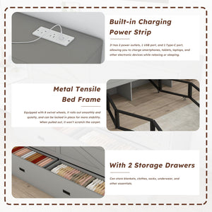 Full Murphy Bed With Storage Drawers, Charging Station, Foldable Panels, And Silent Swivel Wheels