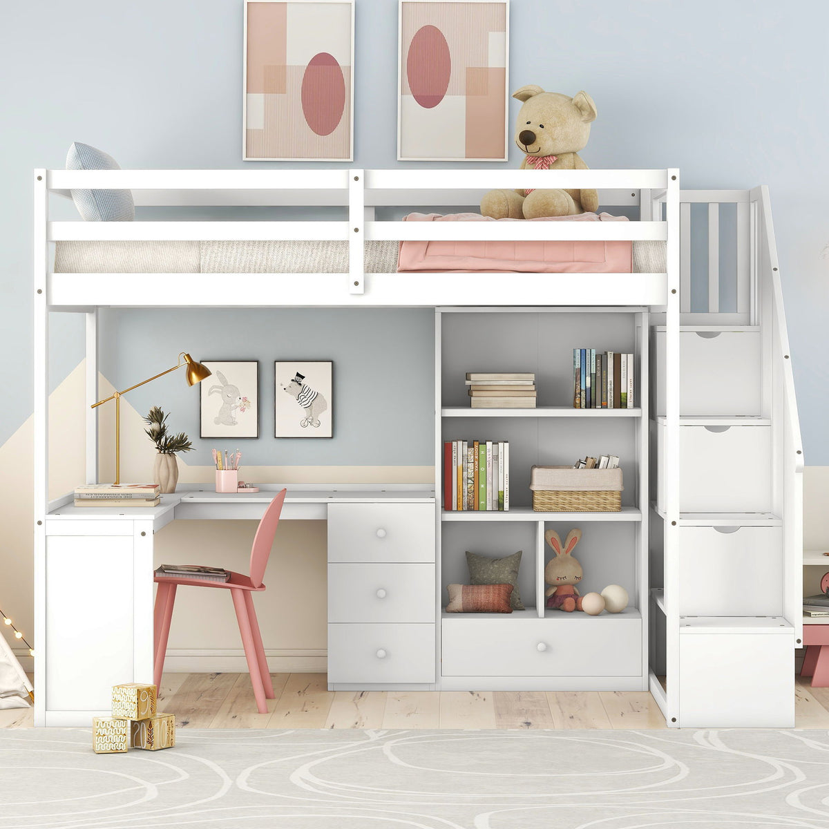 Loft Bed With L Shaped Desk, Drawers, Cabinet, And Storage Staircase