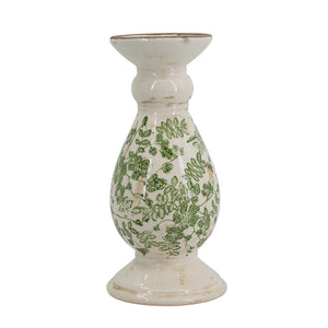 White Ceramic Candle Holder with Green Floral Patterns - 10" Height