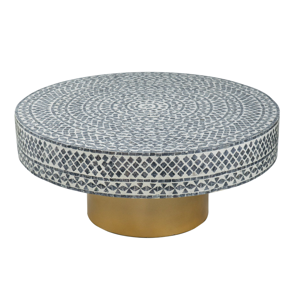 35x35x16' Unique Gray Black Ivory Capiz Coffee Table with Gold Pedestal Base