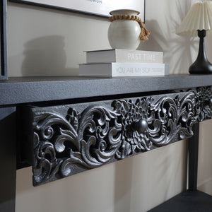 59.2in Black Carved Wooden Console Table with Lower Storage Shelf  Tow Drawers– Elegant Decorative Accent for Entryway, Living Room, and Hallway