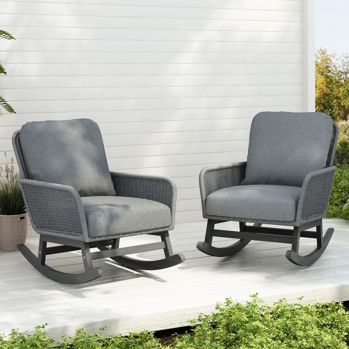 Contemporary Minimalist Wicker Rocking Chair With Soft Cushions And Durable Wooden Frame