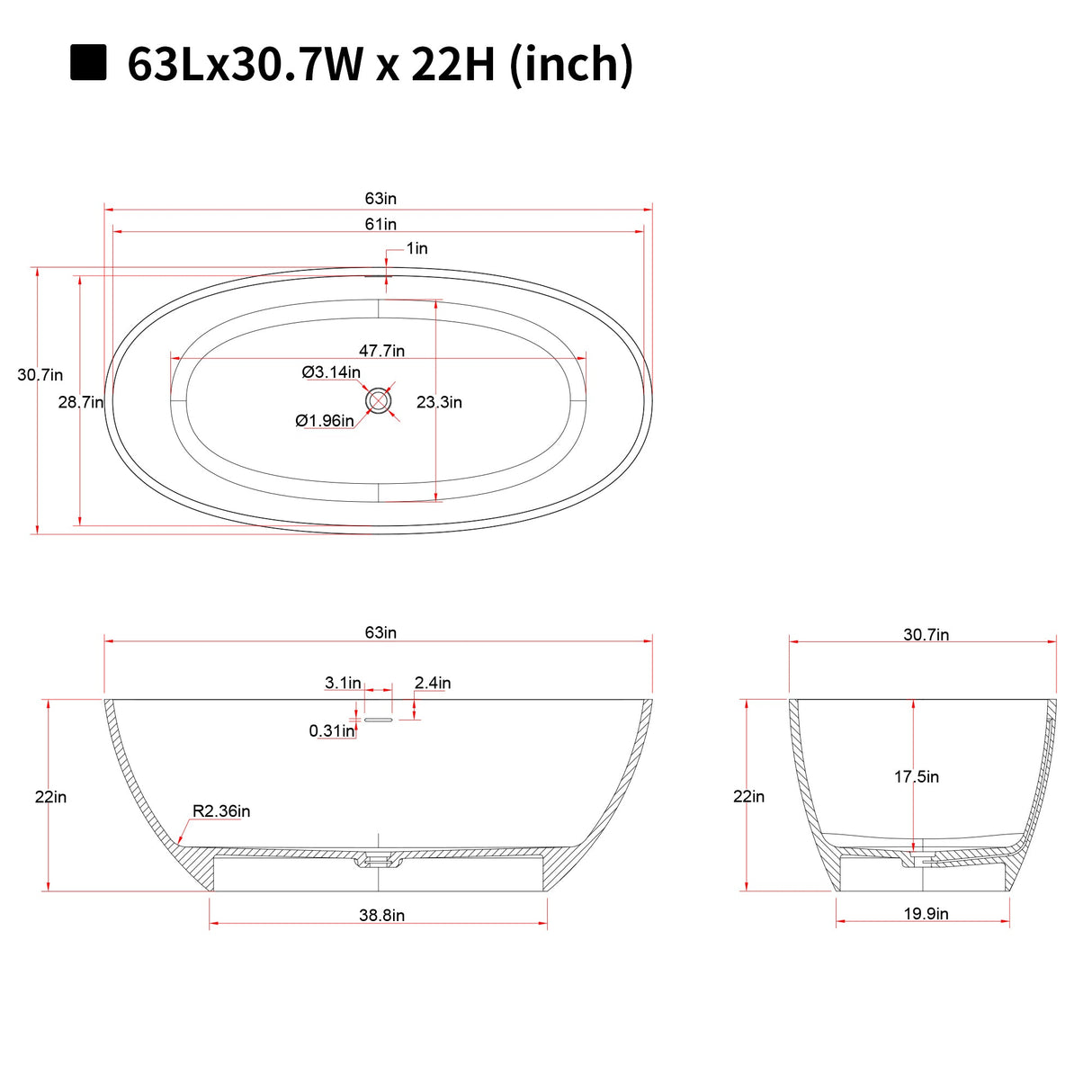 63" Freestanding Bathtub Resin Stone Soaking Bathtub