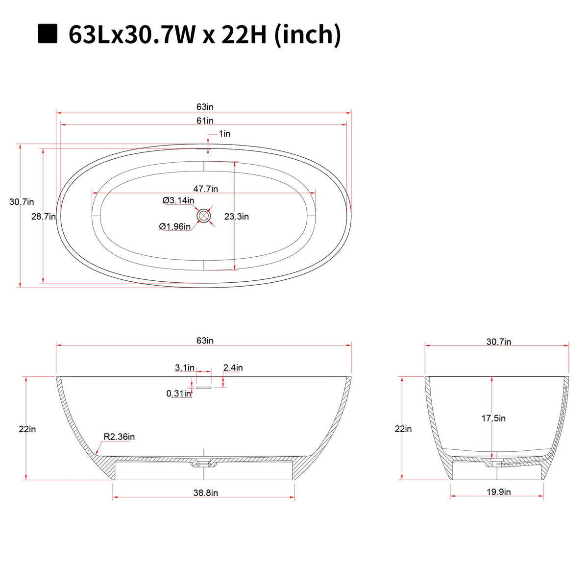 63" Freestanding Bathtub Resin Stone Soaking Bathtub