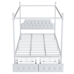 Queen Size Canopy Platform Bed With Upholstered Headboard And 2 Storage Drawers - White
