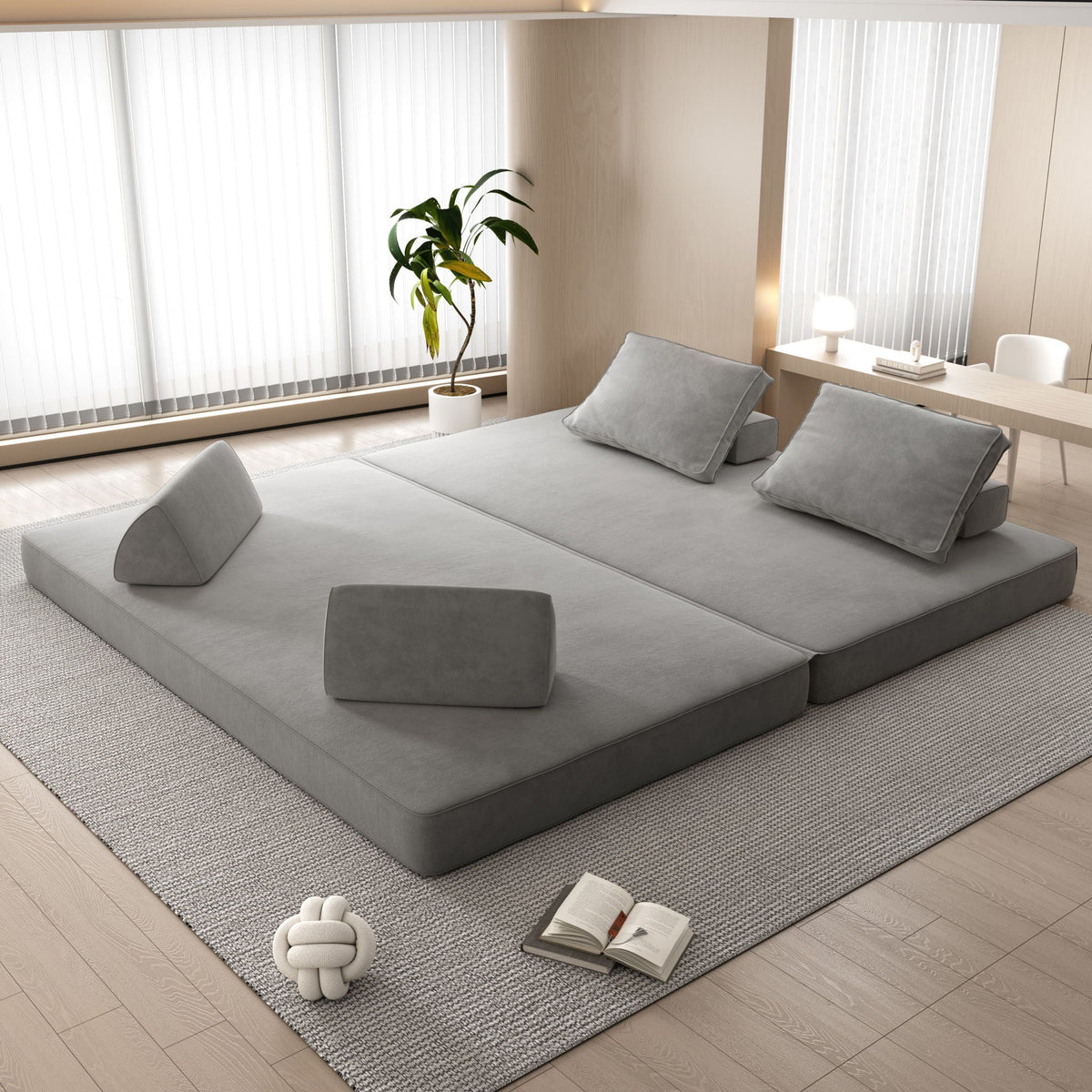Convertible Fabric Futon Sofa Bed with Tumbler Backrests and Pillows - Gray or Beige