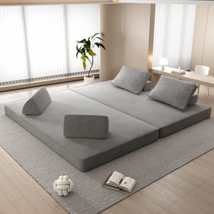 Convertible Fabric Futon Sofa Bed with Tumbler Backrests and Pillows - Gray or Beige