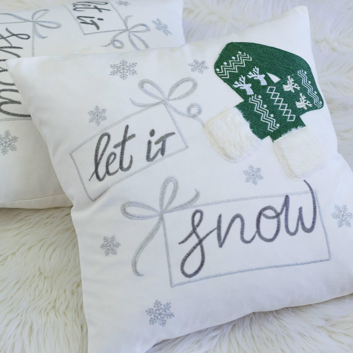 Let It Snow Christmas Throw Pillow with Embroidered Knit Hat - White/Green