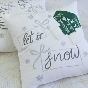 Let It Snow Christmas Throw Pillow with Embroidered Knit Hat - White/Green