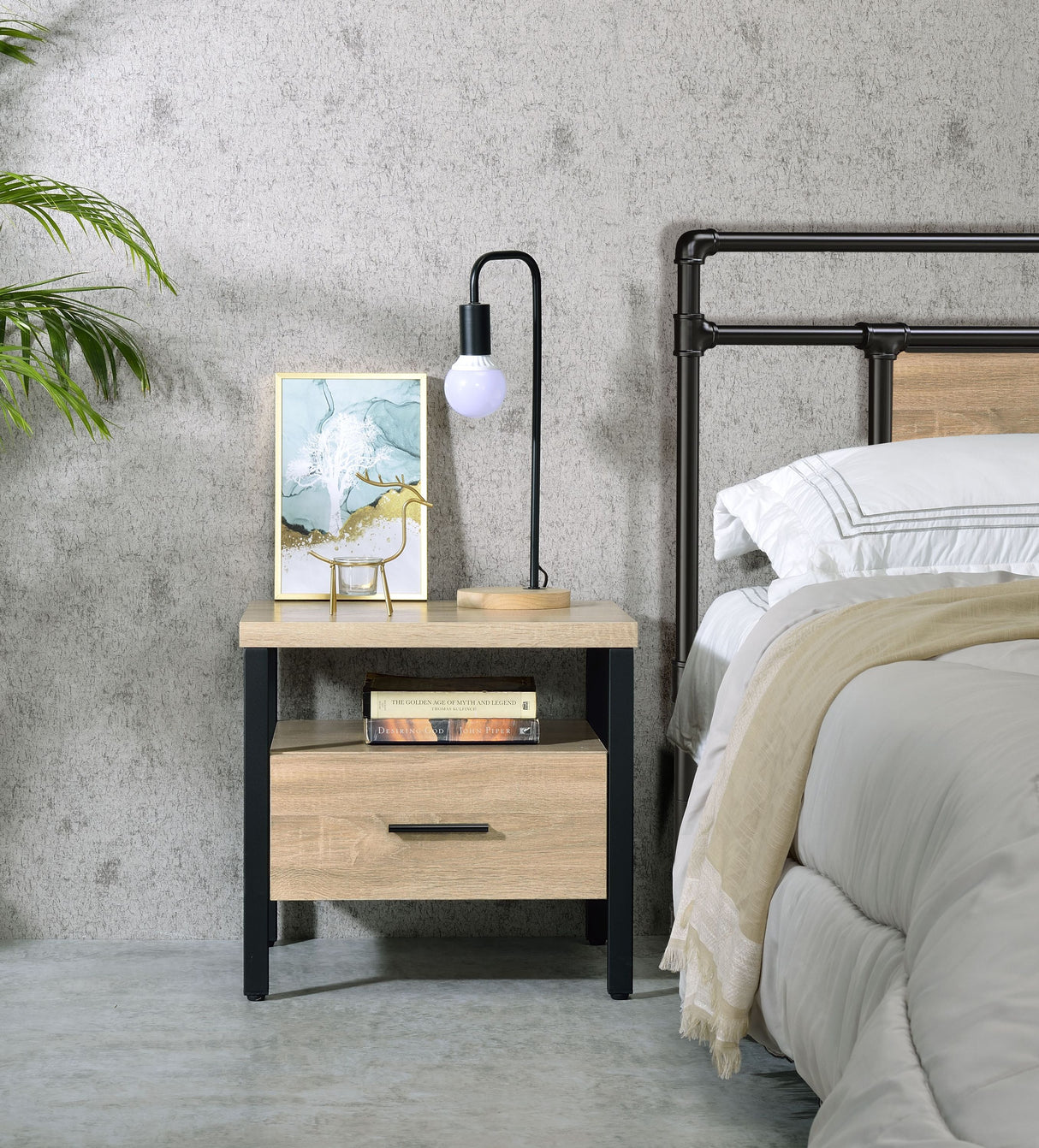 Oak Finish Nightstand with 1 Drawer & 1 Shelf – Metal Legs, Modern Storage Side Table